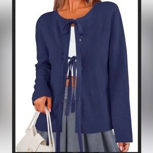 MEROKEETY Women's Open Front Tie Cardigan Long Sleeve Ribbed Knit Sweater